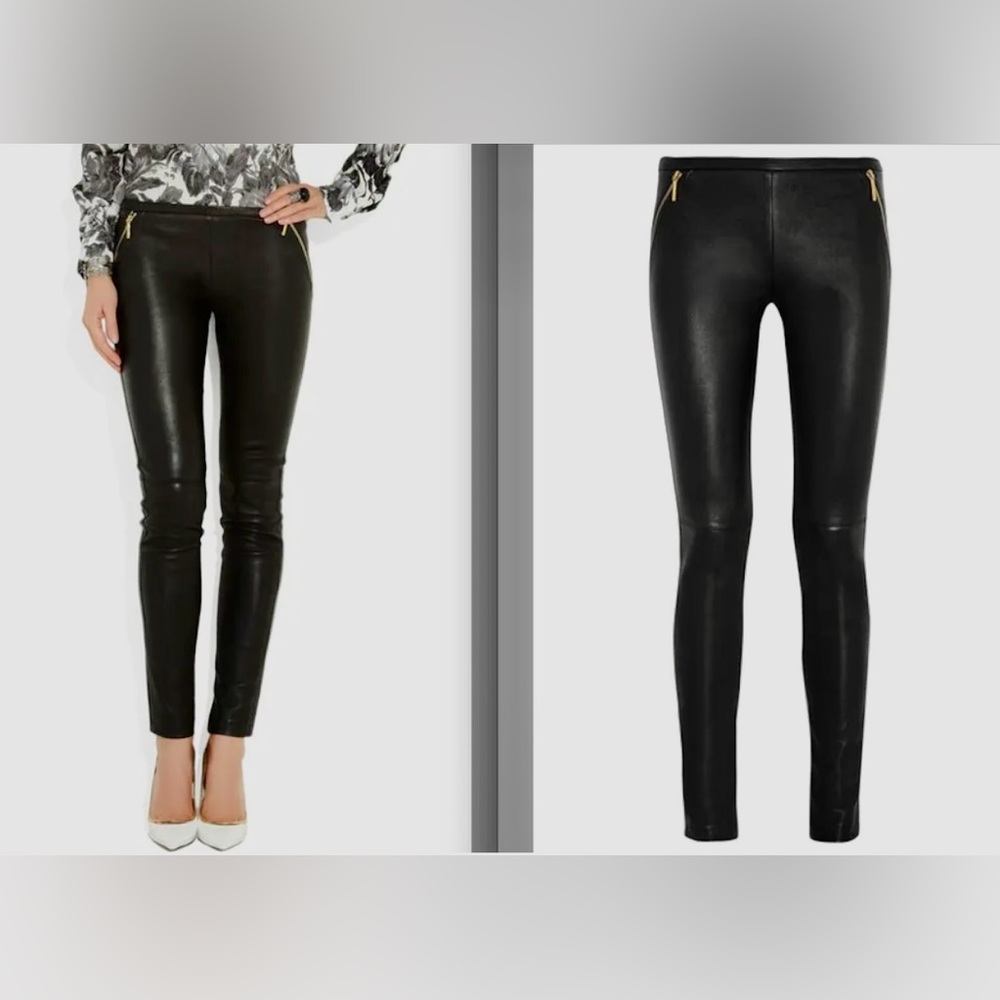 STUNNING Emilio Pucci Black Lambskin Leather Zip Detail Leggings Pants $1,600!